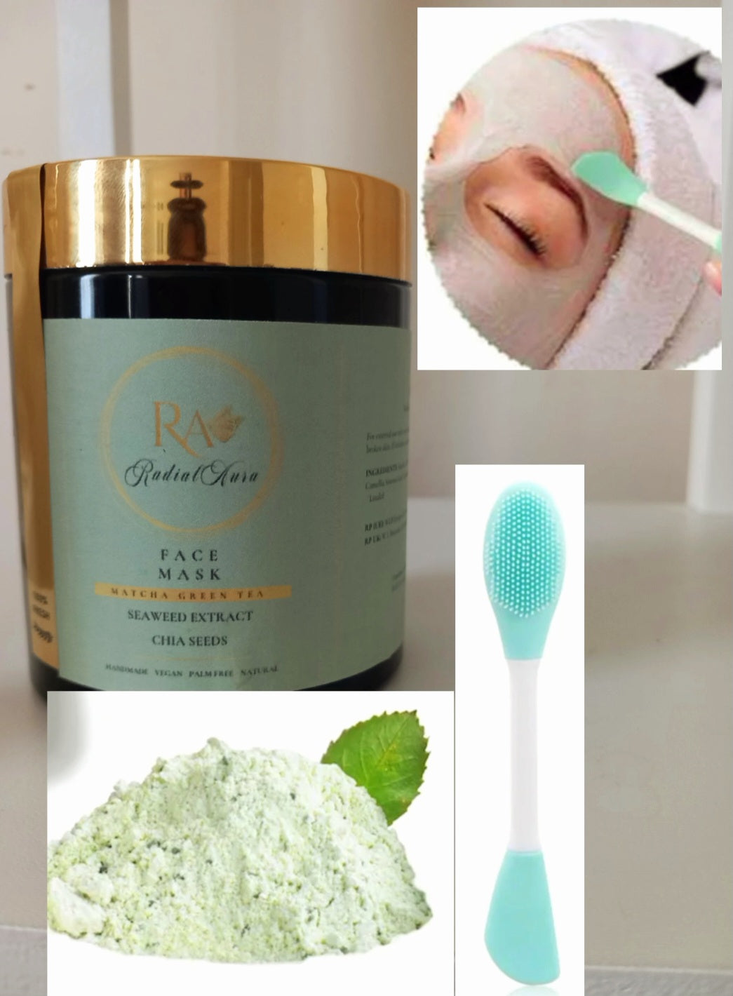 Face mask matcha green tea. Seaweed extract. Chia seedss